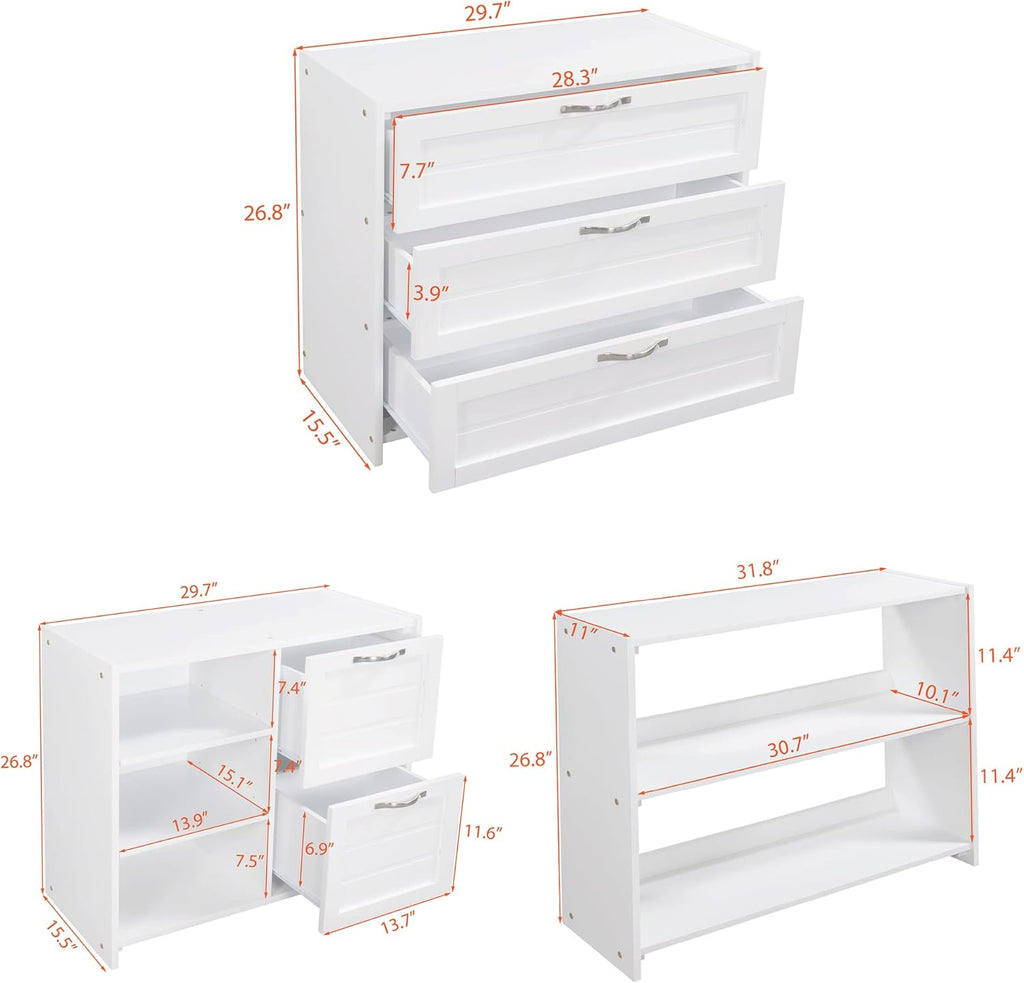 White Twin Low Loft Bed with Slide Storage Cabinets Drawers Shelves K87283