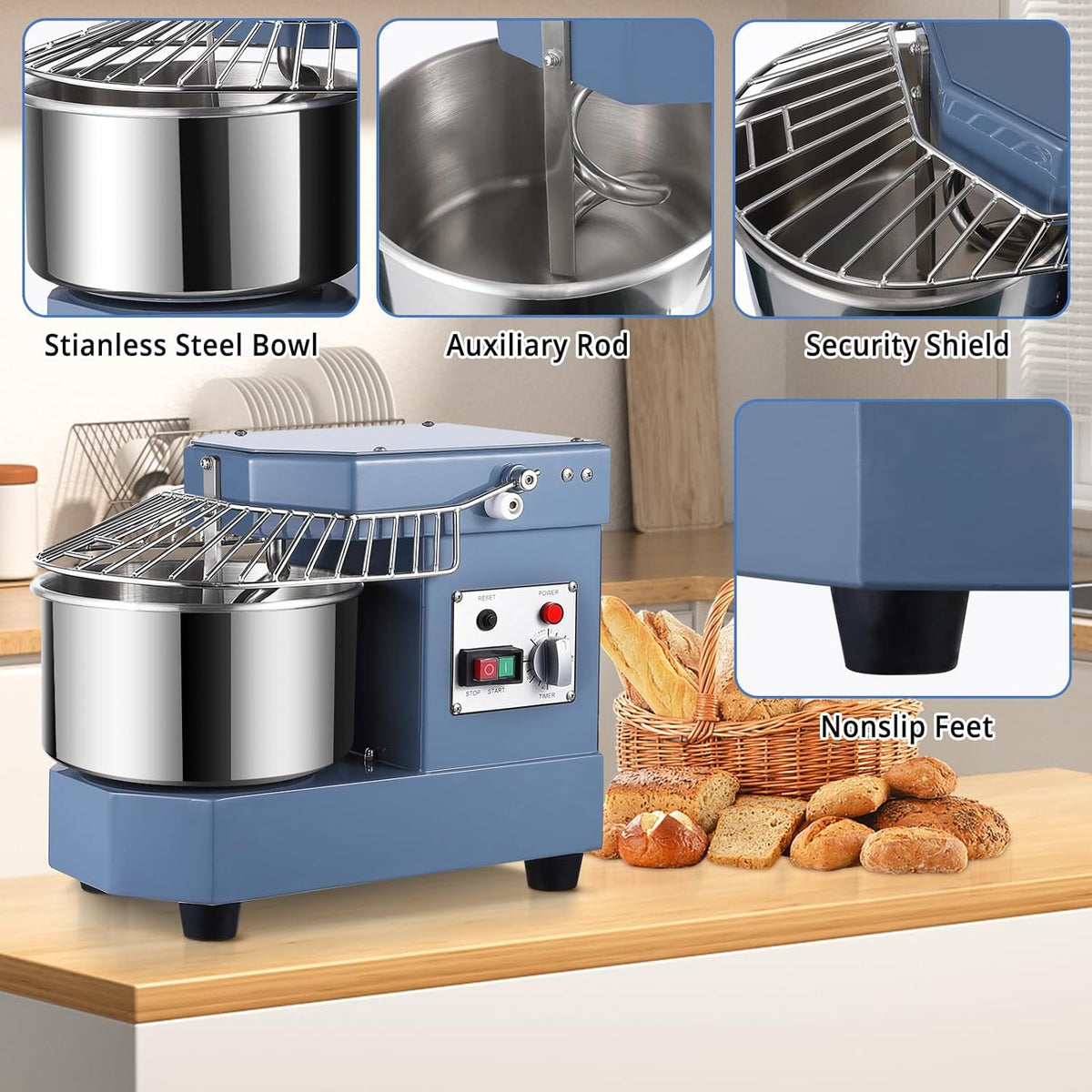 8.5Qt 450W Dual Rotating Dough Mixer with Stainless Steel Bowl B155957