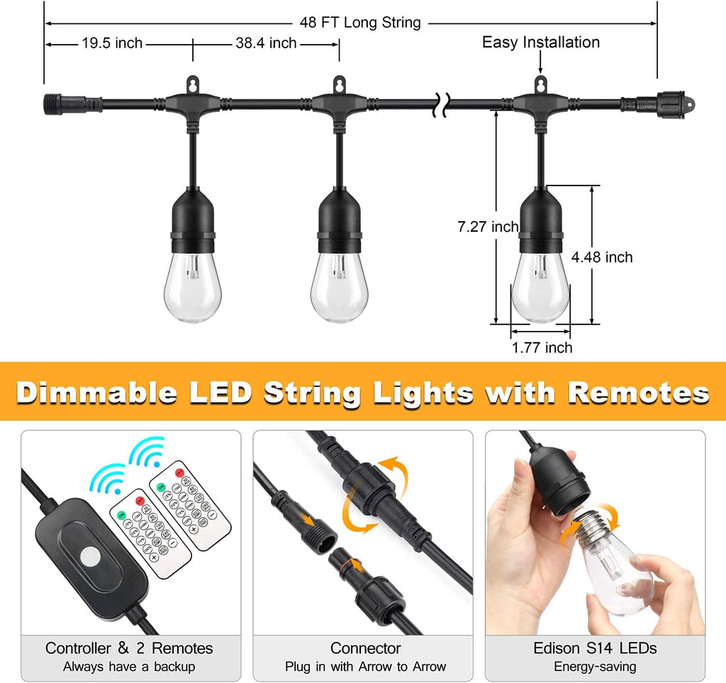 48FT Waterproof Dimmable LED String Lights with Remote Q113628
