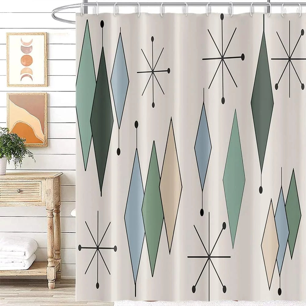 Mid Century Abstract Geometric Shower Curtain Set with 12 Hooks, 72x72 Inches U826