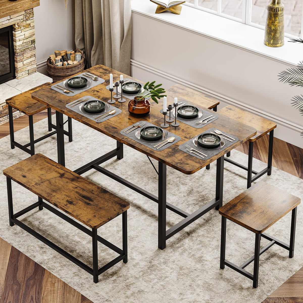 63" Extendable Dining Table Set with Stools Q56193