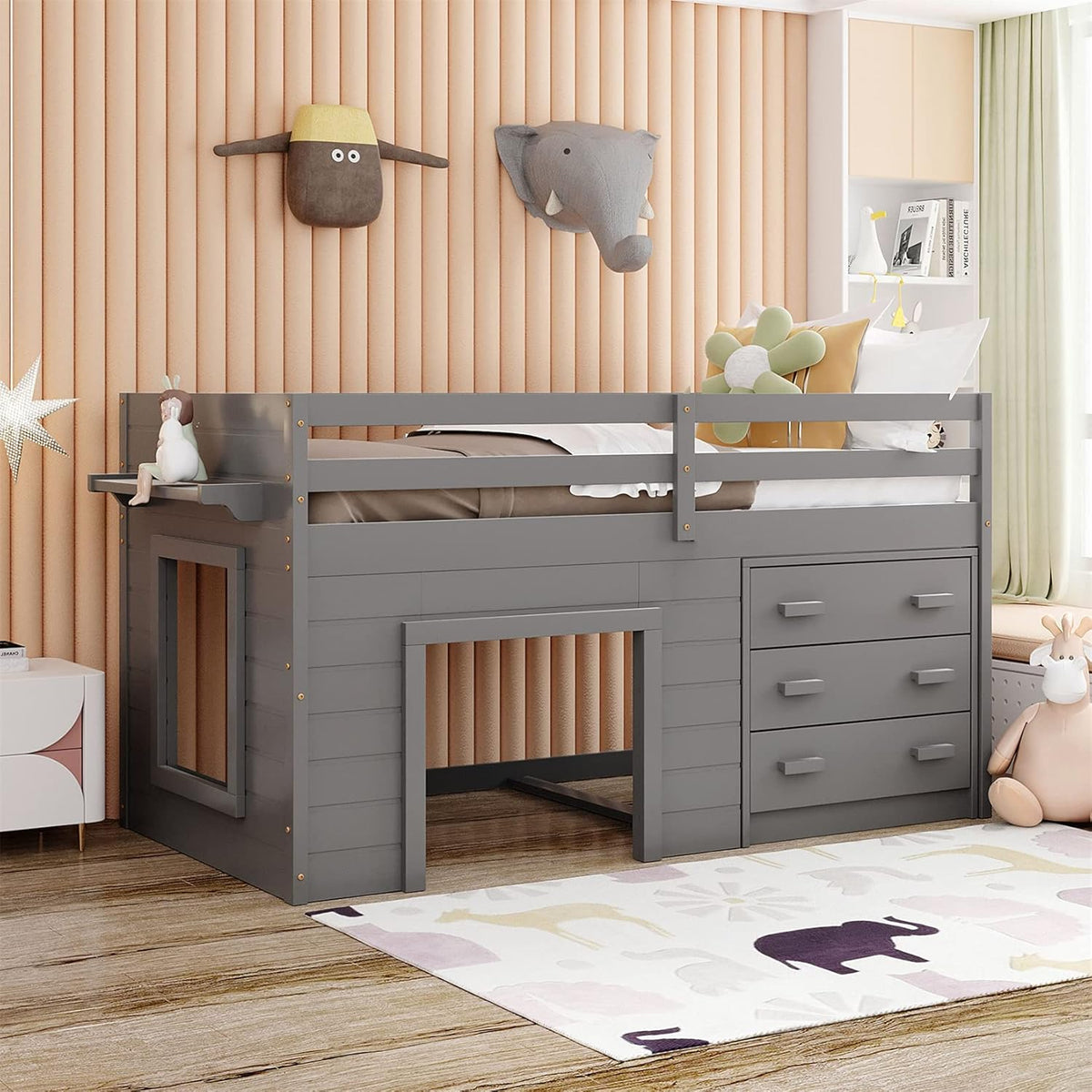 White Twin Loft Bed with Slide and Storage K785682