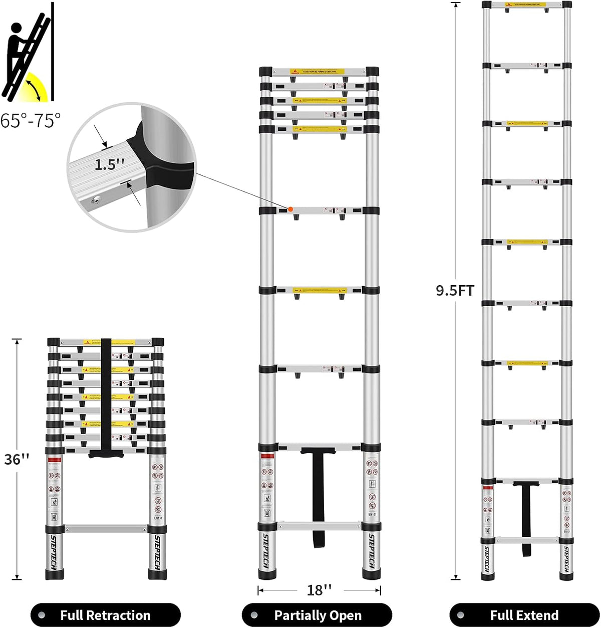 Telescoping Ladder 8.5 ft Aluminum Anti-Pinch Collapsible Ladder C4562