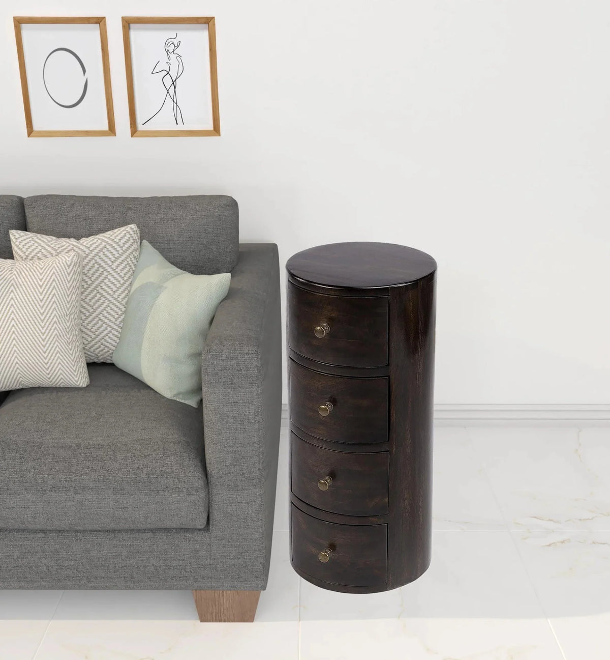 24 in. Chocolate Wood Round End Table with Four Drawers R674557