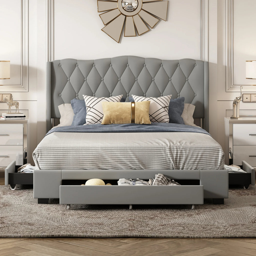Queen Size Gray Velvet Upholstered Platform Bed with 3 Drawers B342854