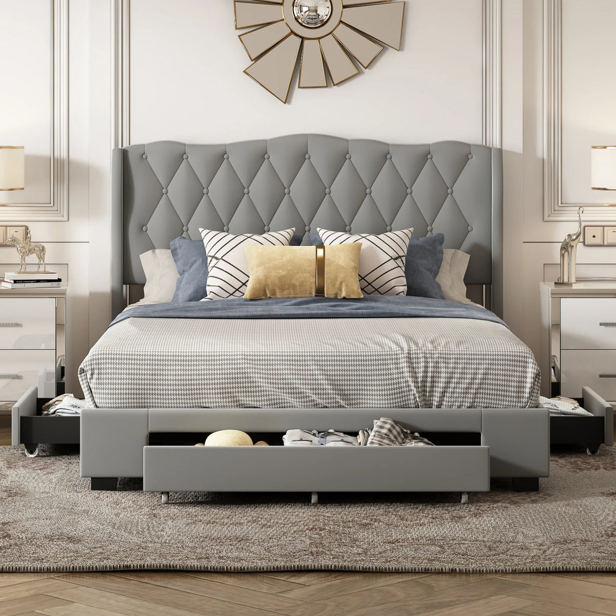 Queen Size Gray Velvet Upholstered Platform Bed with 3 Drawers B342854