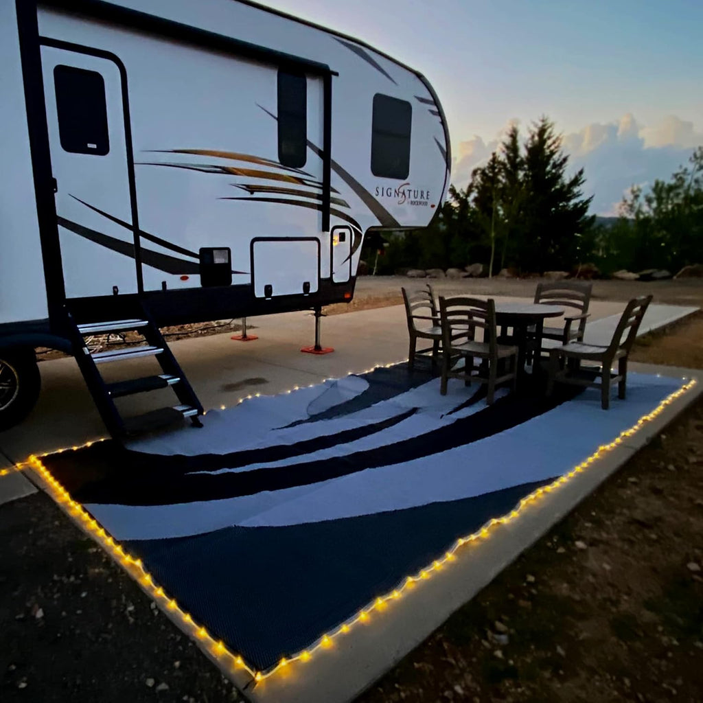 LED Illuminated Patio Mat 8-Feet x 18-Feet Black/White/Grey RV Camping Mat L77560