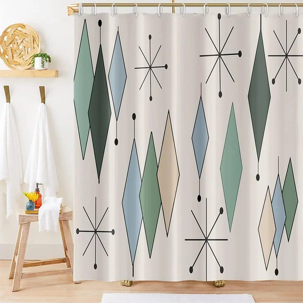 Mid Century Abstract Geometric Shower Curtain Set with 12 Hooks, 72x72 Inches U826