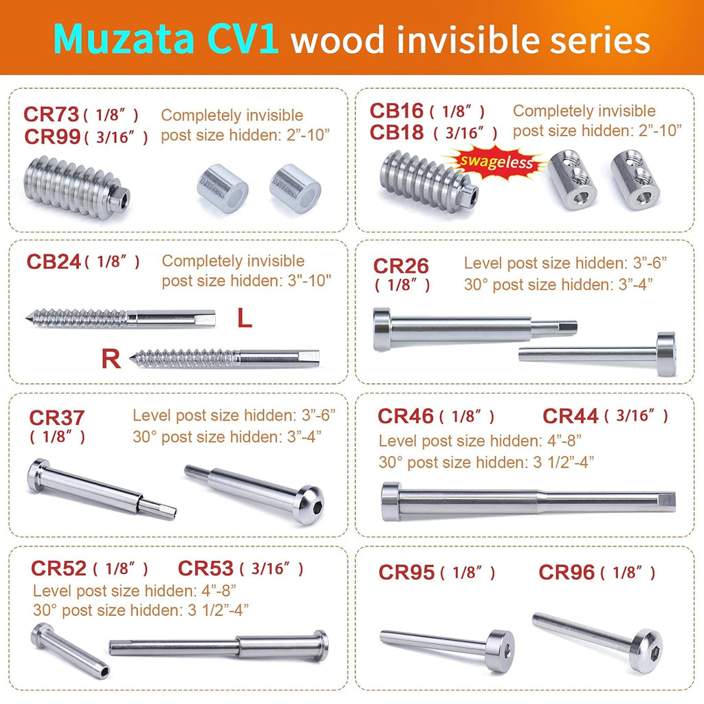 10 Pair Invisible Cable Railing Kit 1/8 Swage Tensioner and Terminal T316 Stainless Steel A246421