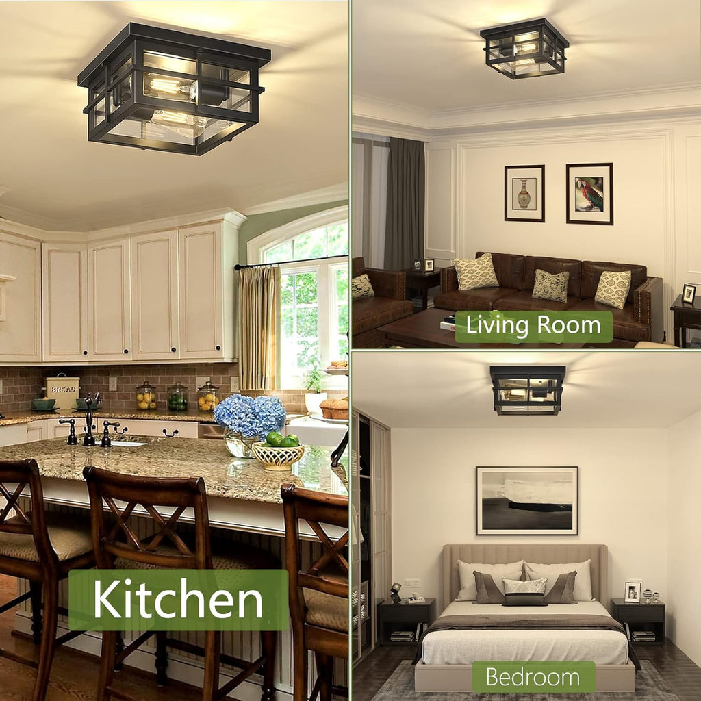 2-Light Black Flush Mount Ceiling Light Fixtures with Clear Glass Shade A34719