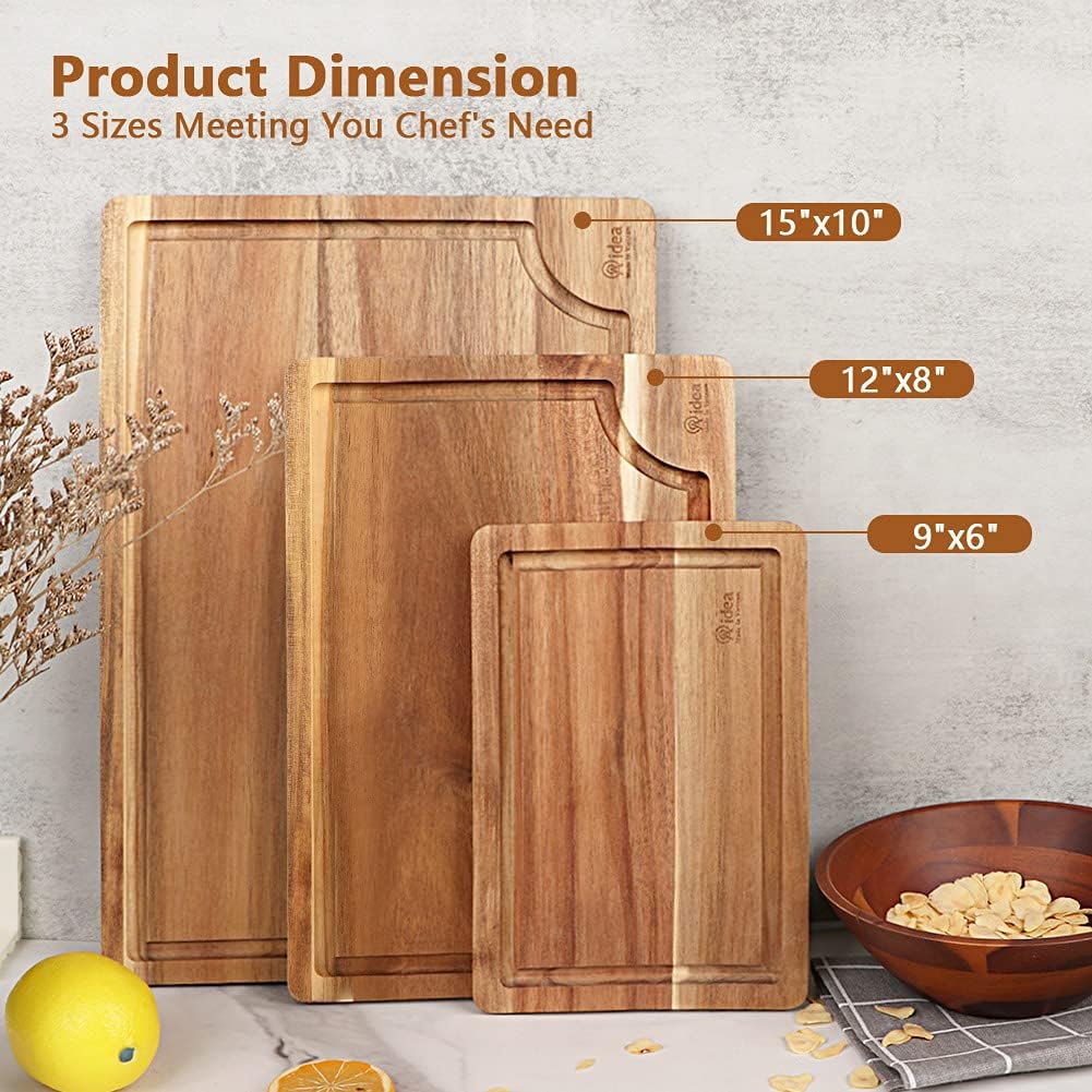 Acacia Wood Cutting Board Set with Juice Groove, 3 Pieces W9566
