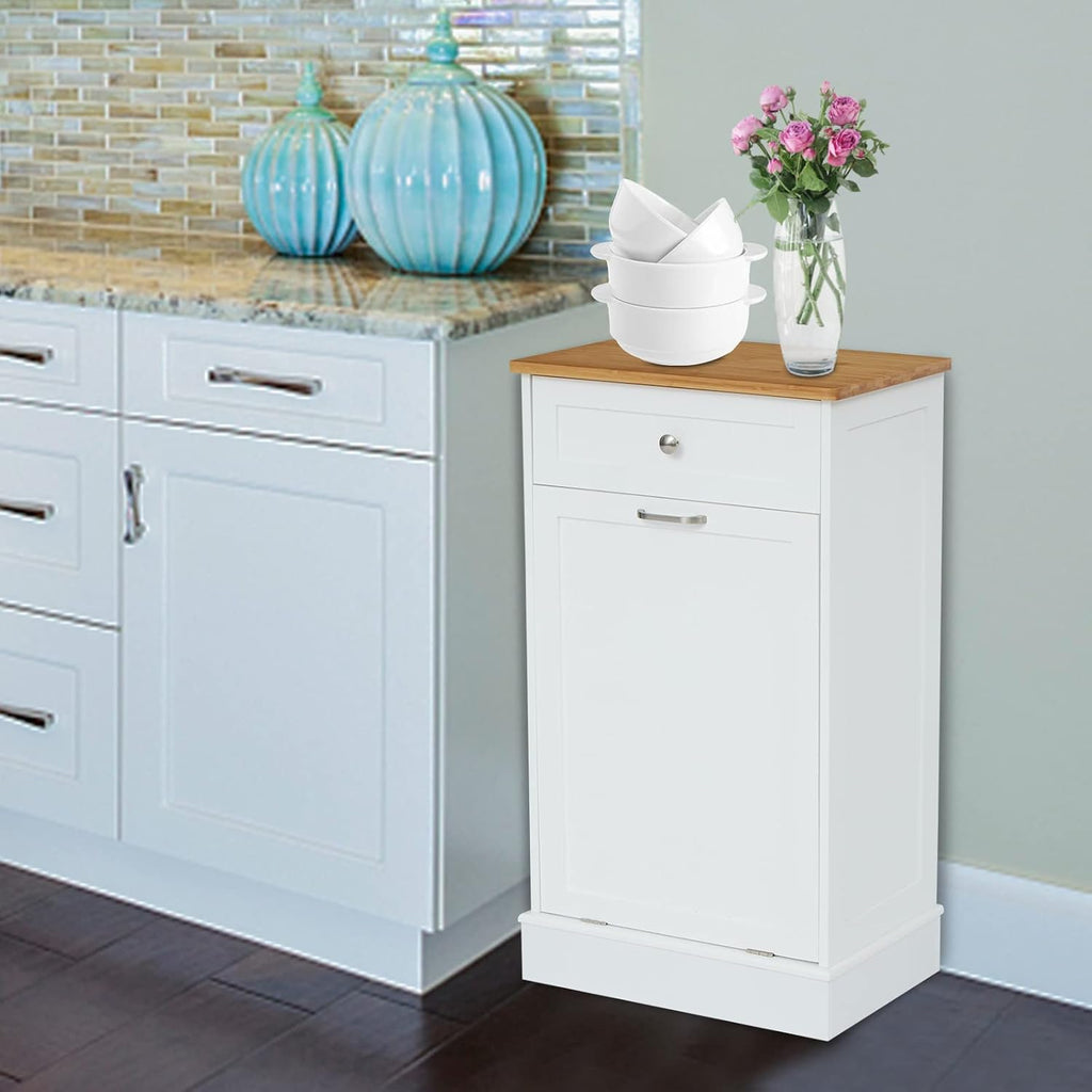 White Wooden Tilt Out Trash Cabinet with Hideaway Drawer and Removable Bamboo Cutting Board F5623