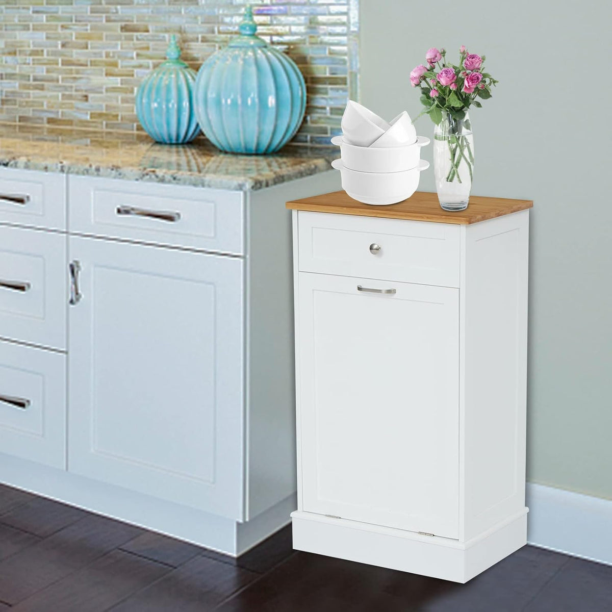 White Wooden Tilt Out Trash Cabinet with Hideaway Drawer and Removable Bamboo Cutting Board F5623