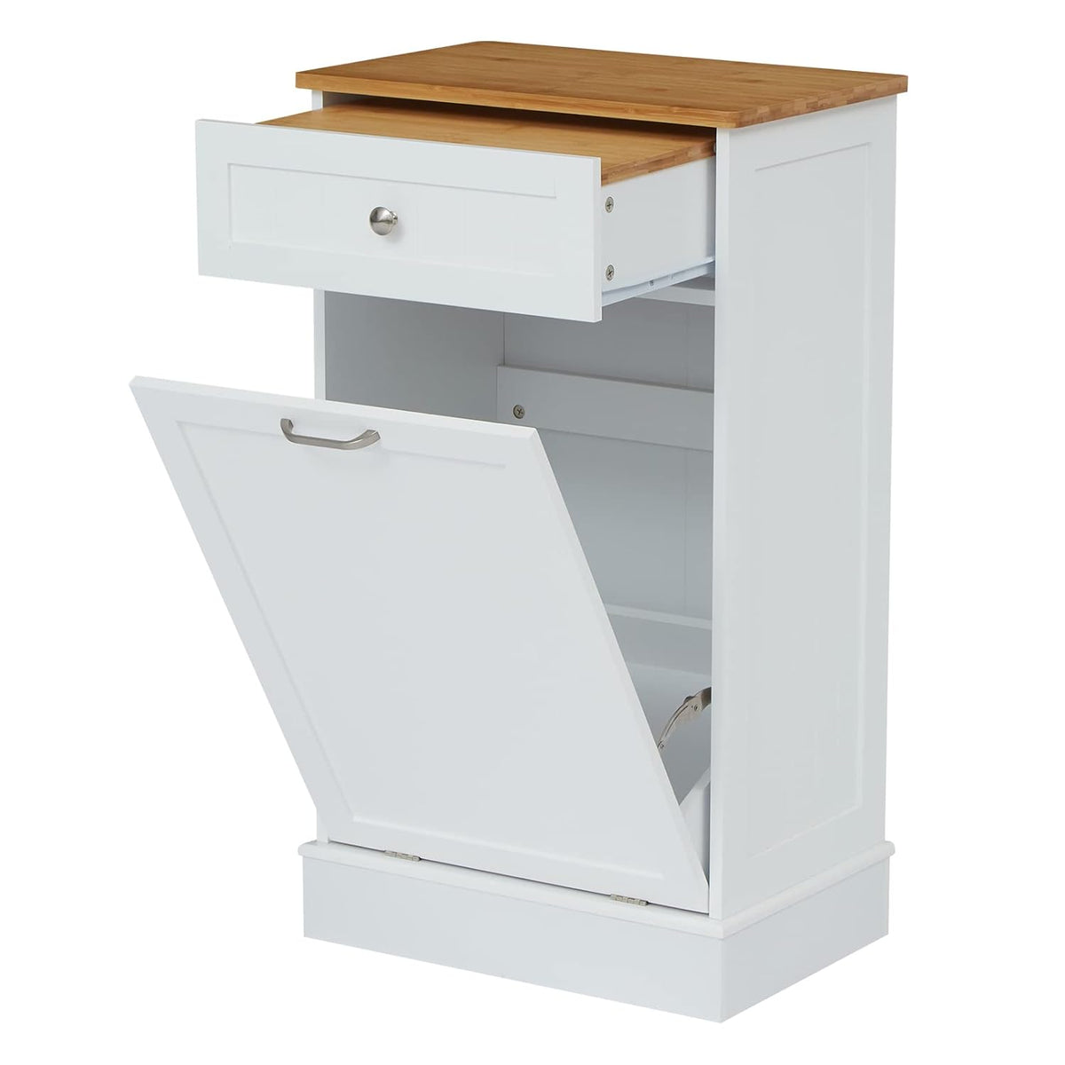 White Wooden Tilt Out Trash Cabinet with Hideaway Drawer and Removable Bamboo Cutting Board F5623
