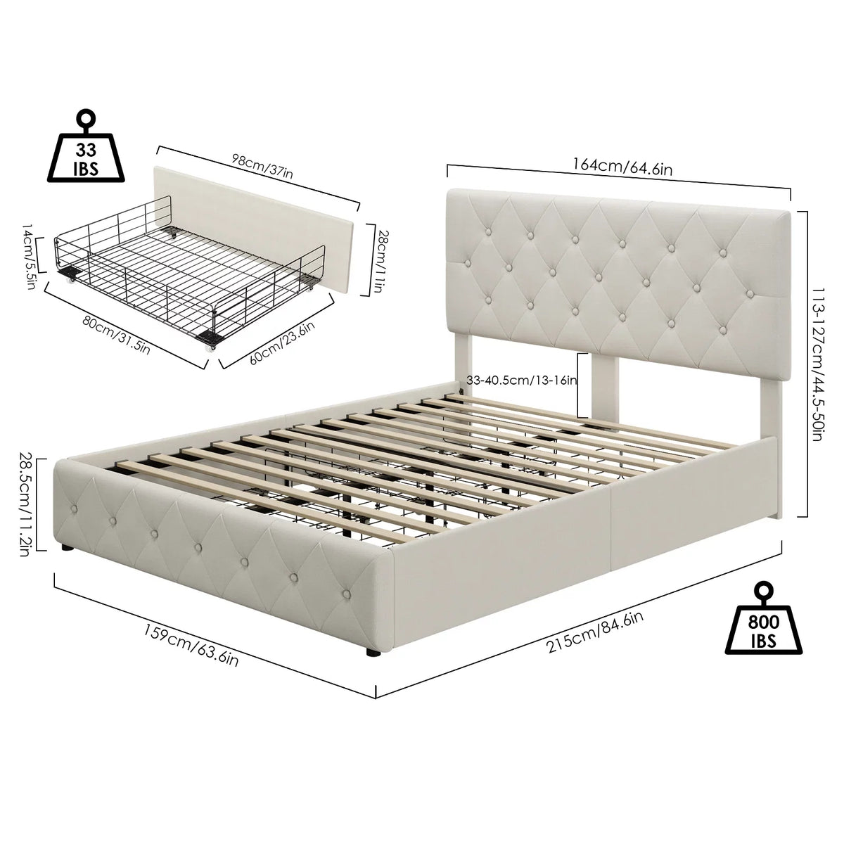 Queen Size 4 Drawer Upholstered Platform Bed with Adjustable Headboard M717