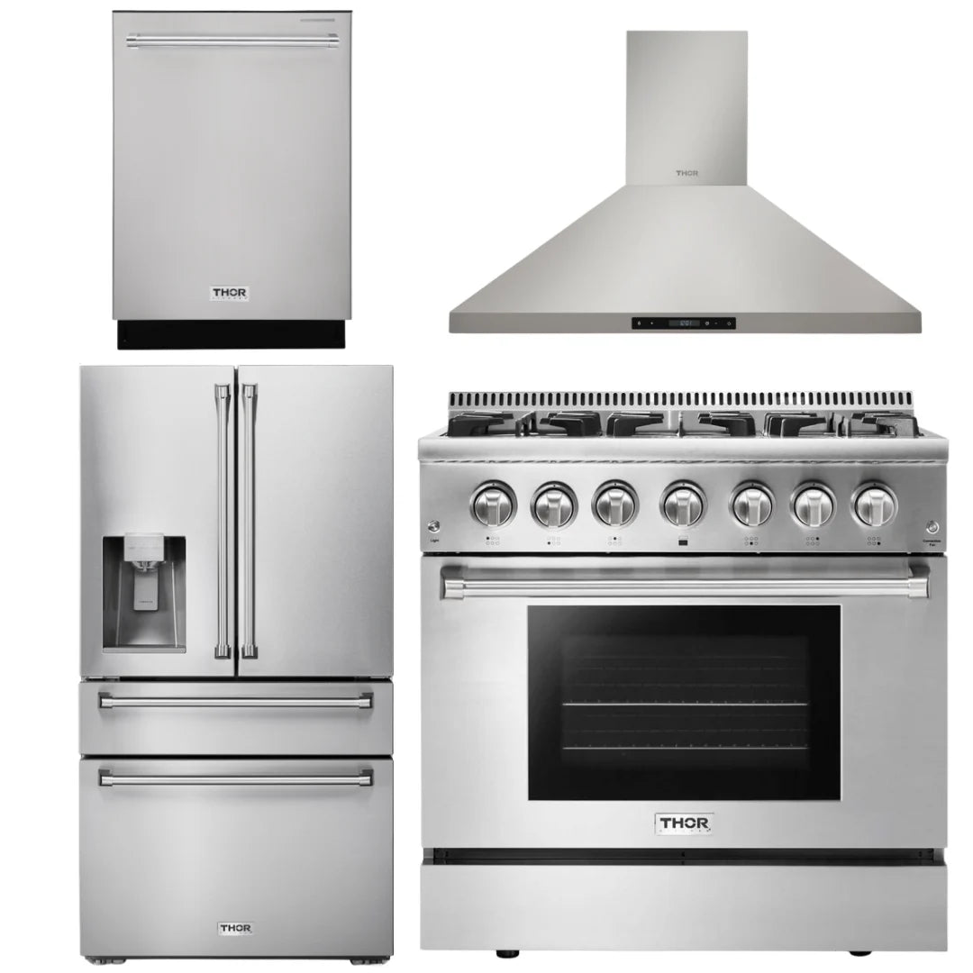 36 In. Gas Range, Range Hood, Dishwasher, Refrigerator with Water and Ice Dispenser W134516