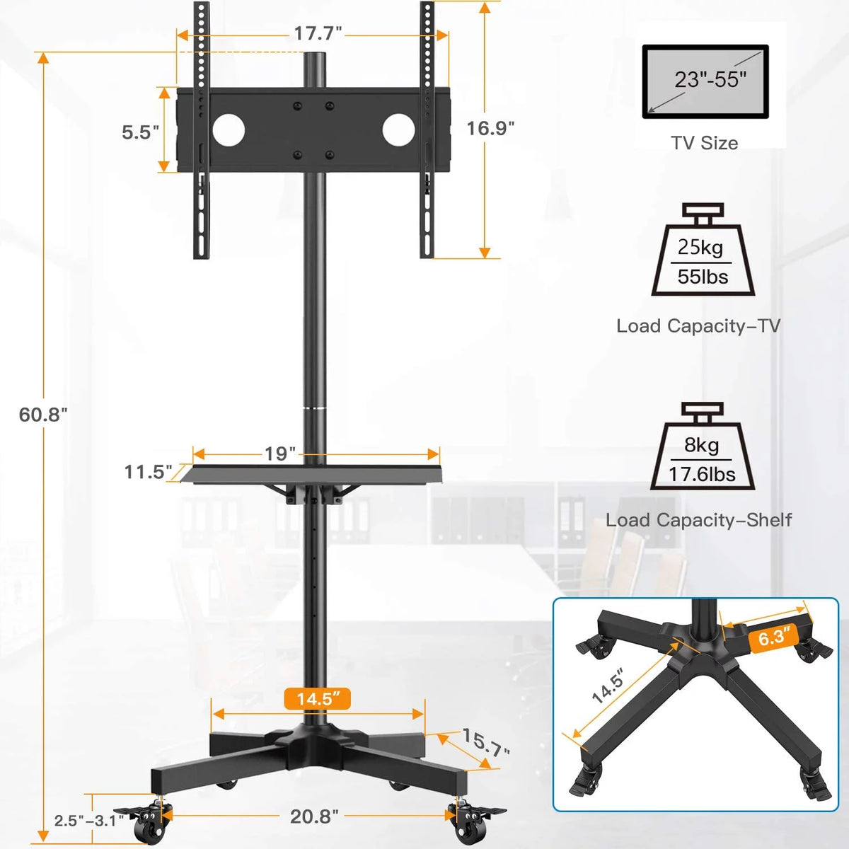 Rolling TV Stand with Wheels for 23-55 inch Flat Panel TVs, Black Z257