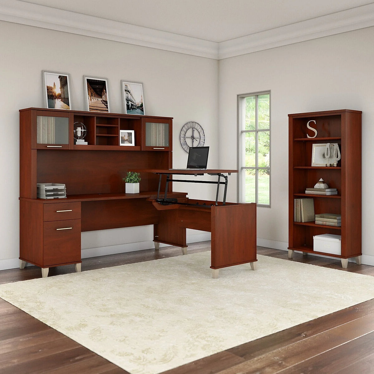 72W 3 Position Sit To Stand L Shaped Desk With Hutch And Bookcase Z623