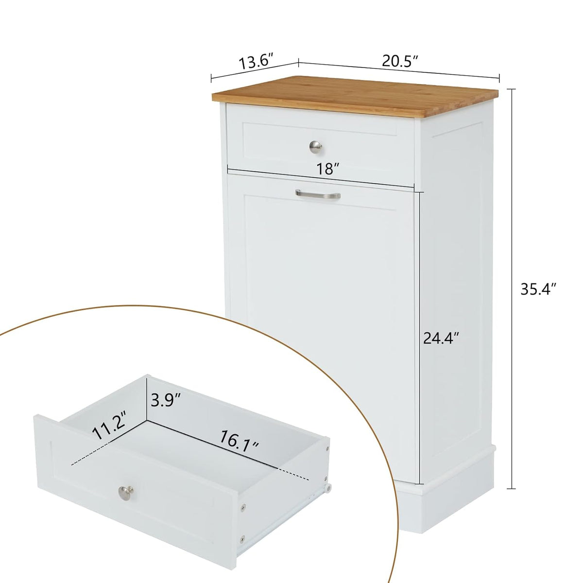 White Wooden Tilt Out Trash Cabinet with Hideaway Drawer and Removable Bamboo Cutting Board F5623