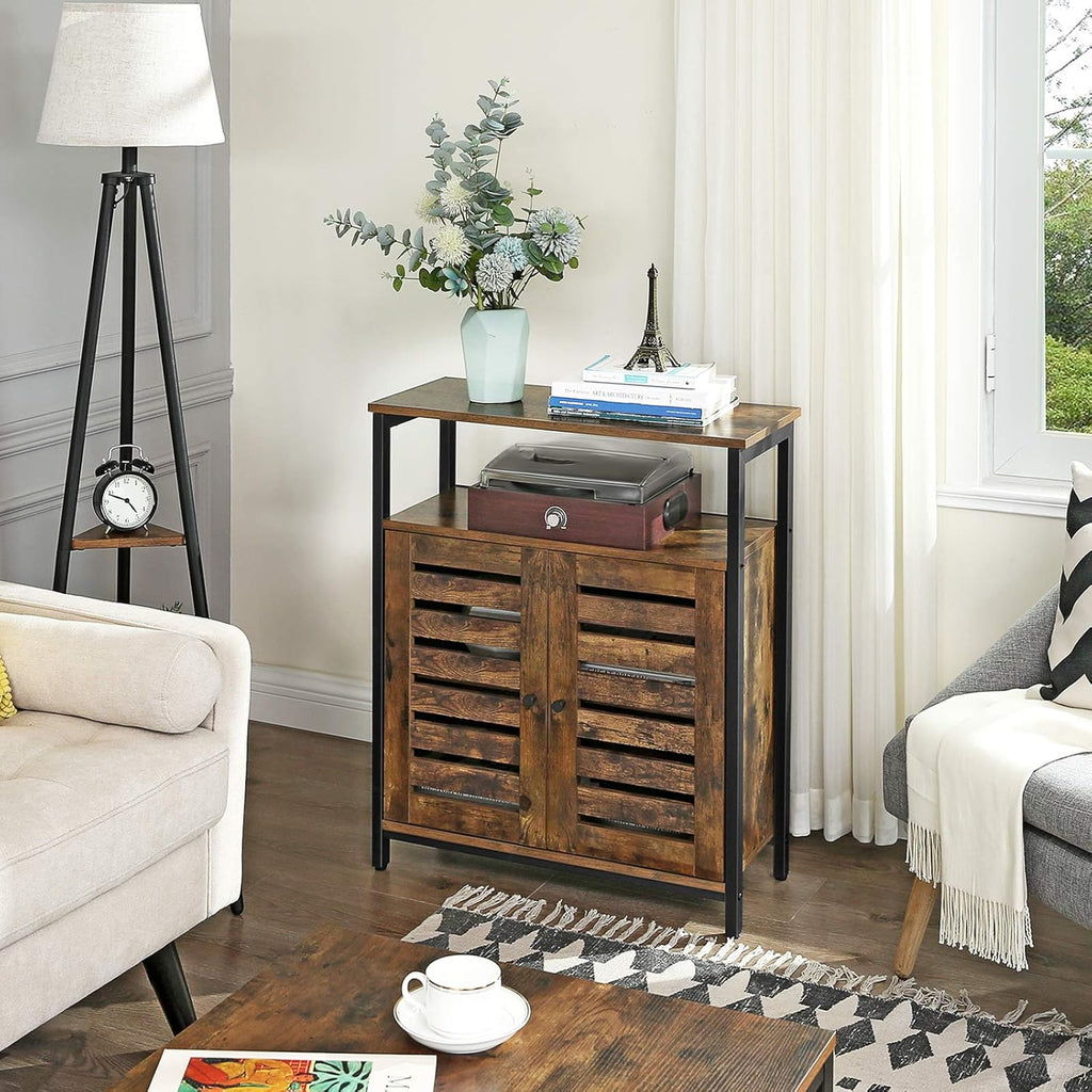 Rustic Brown and Black Storage Cabinet with 3 Open Shelves and Closed Compartments T4685