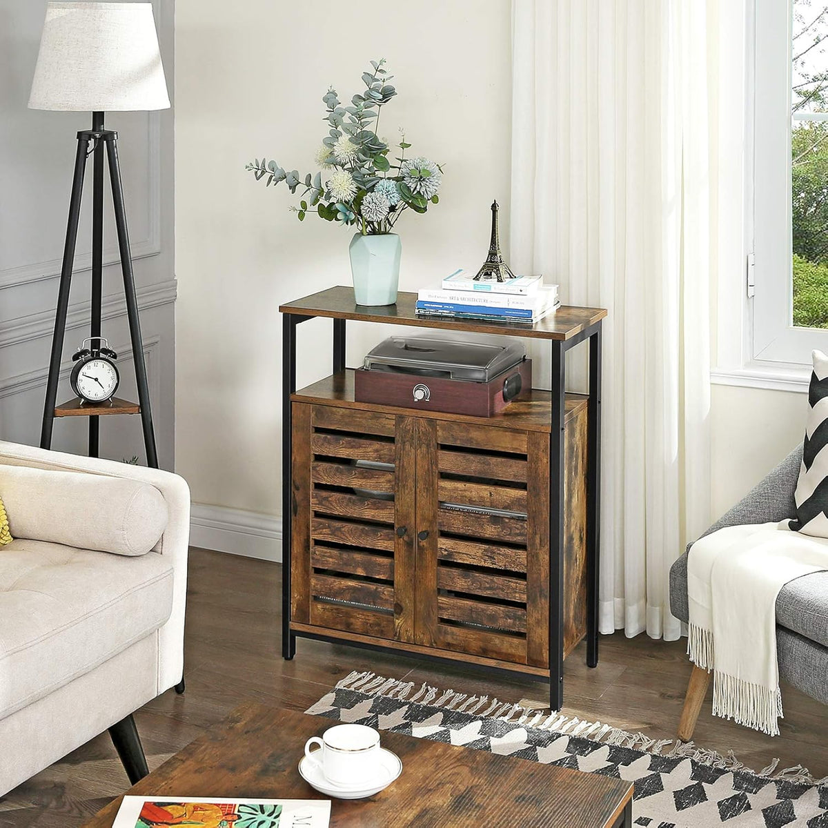 Rustic Brown and Black Storage Cabinet with 3 Open Shelves and Closed Compartments T4685