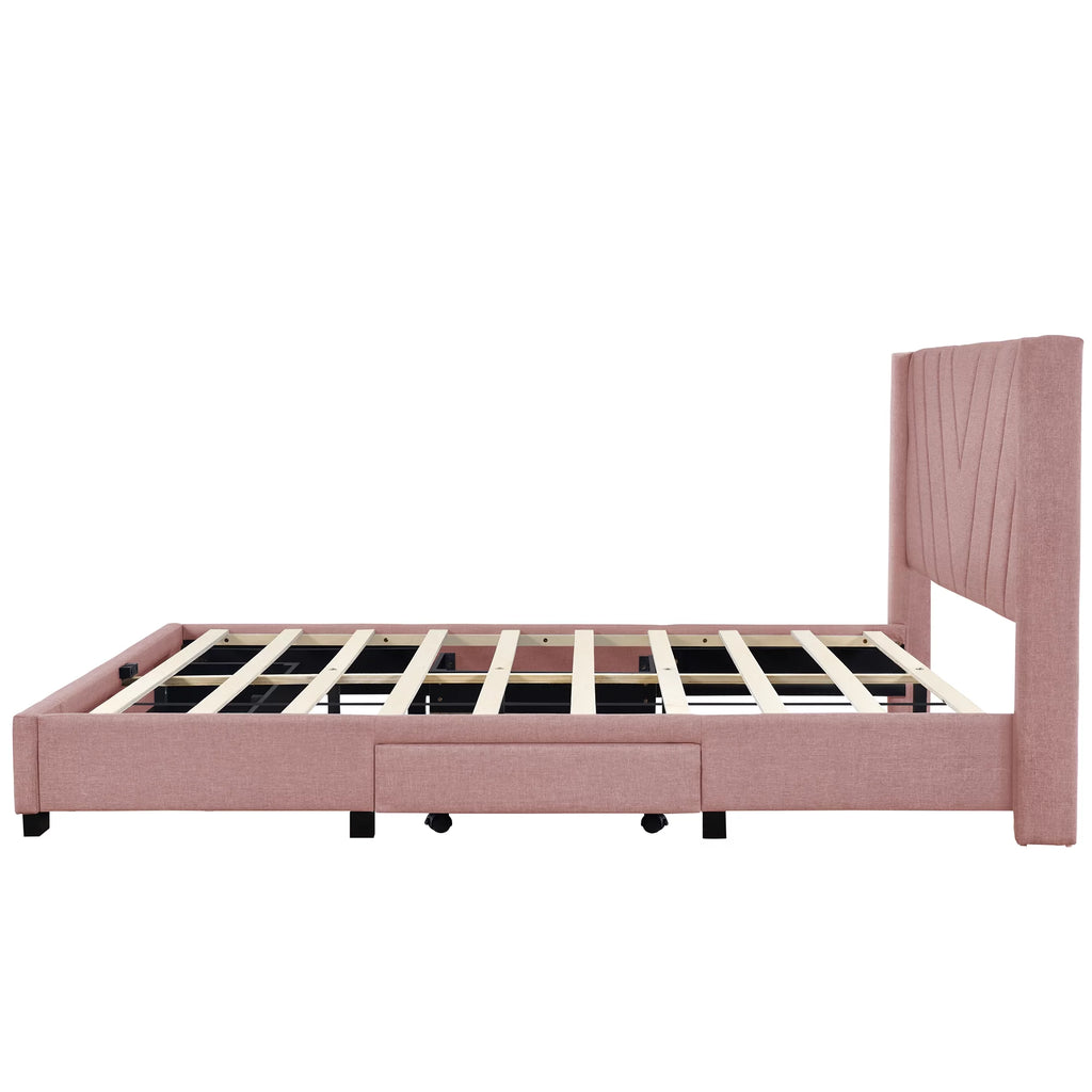 Queen Size Pink Linen Upholstered Platform Bed with 3 Storage Drawers K842