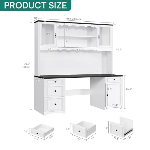 White & Black Executive Desk with Hutch and Drawers, Power Outlet & LED Lights, Storage Shelves, Storage Cabinet with Glass Door X623654