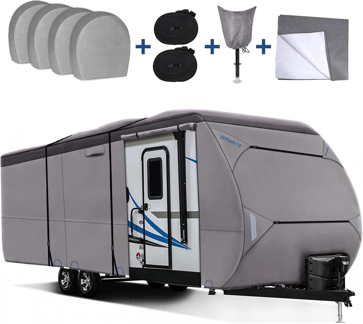 Upgraded Waterproof 500D Travel Trailer Cover with 4 Tire Covers, Tongue Jack Cover B33962