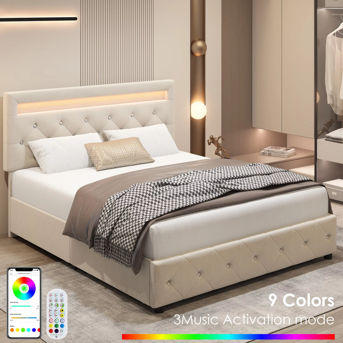 Full LED Bed Frame with 4 Storage Drawer F852