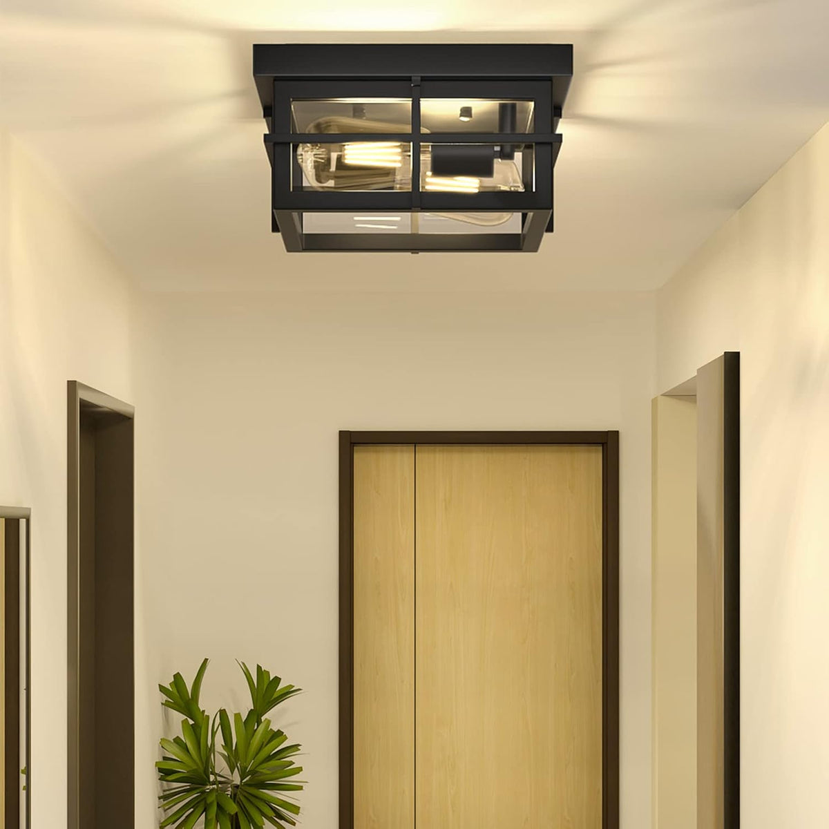 2-Light Black Flush Mount Ceiling Light Fixtures with Clear Glass Shade A34719
