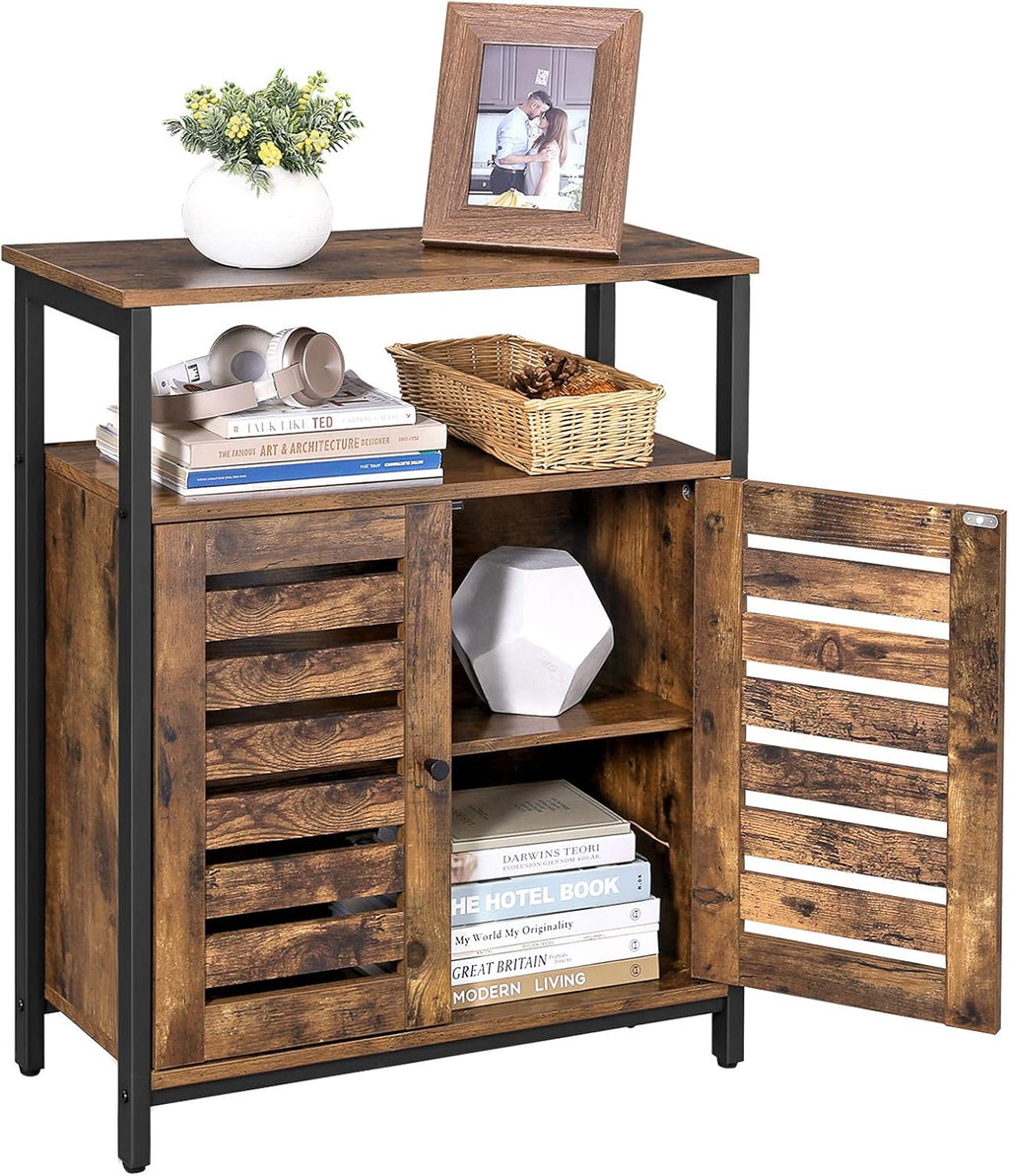 Rustic Brown and Black Storage Cabinet with 3 Open Shelves and Closed Compartments T4685
