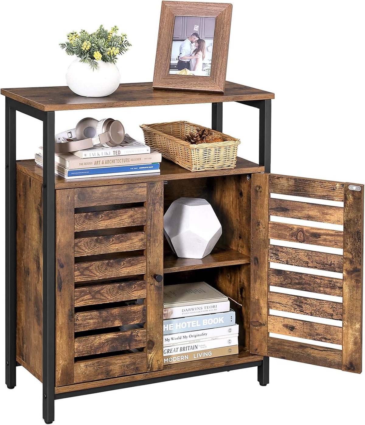 Rustic Brown and Black Storage Cabinet with 3 Open Shelves and Closed Compartments T4685