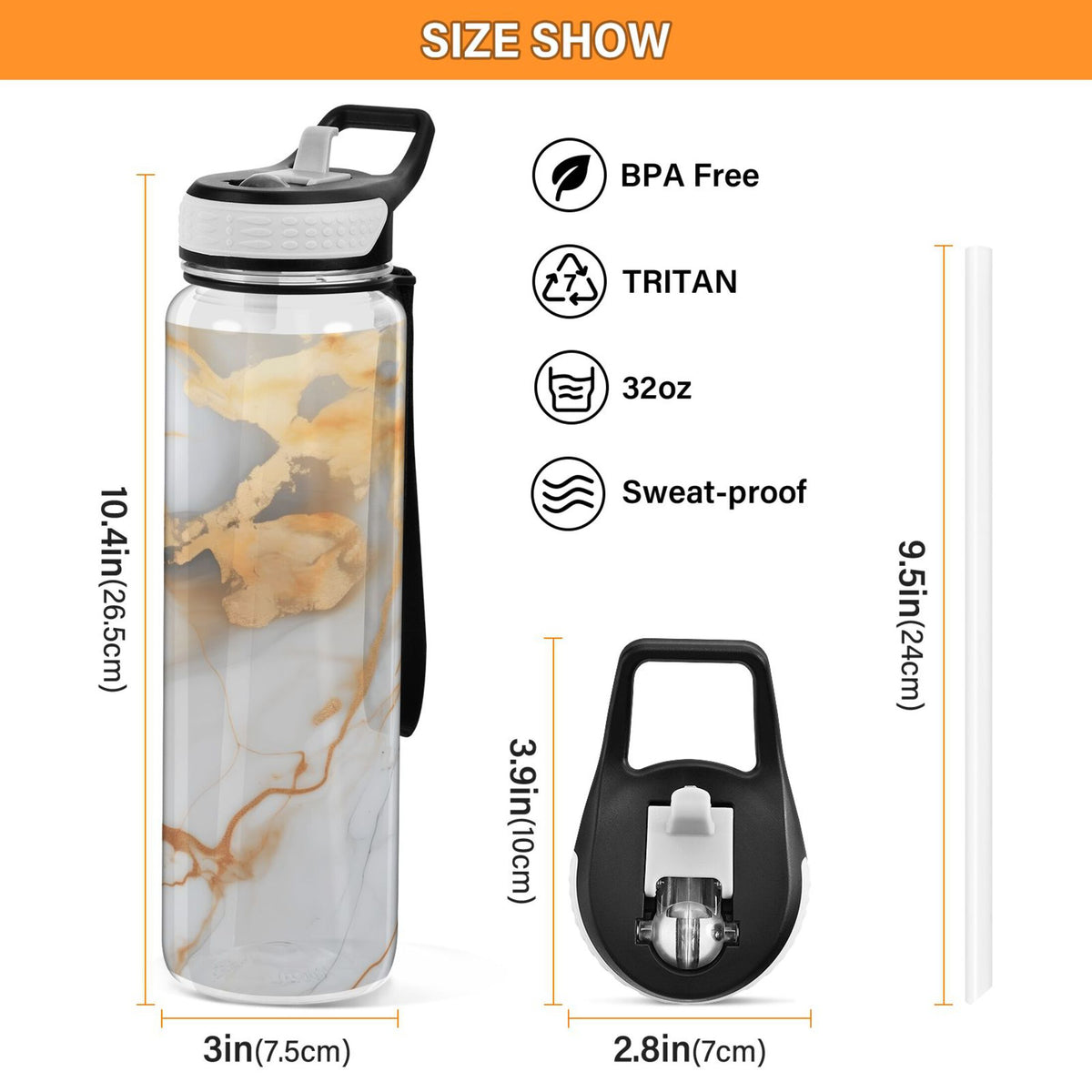White and Gold Marble 32oz Tritan Water Bottles with Straw T93017