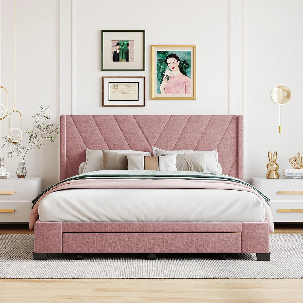 Queen Size Pink Linen Upholstered Platform Bed with 3 Storage Drawers K842