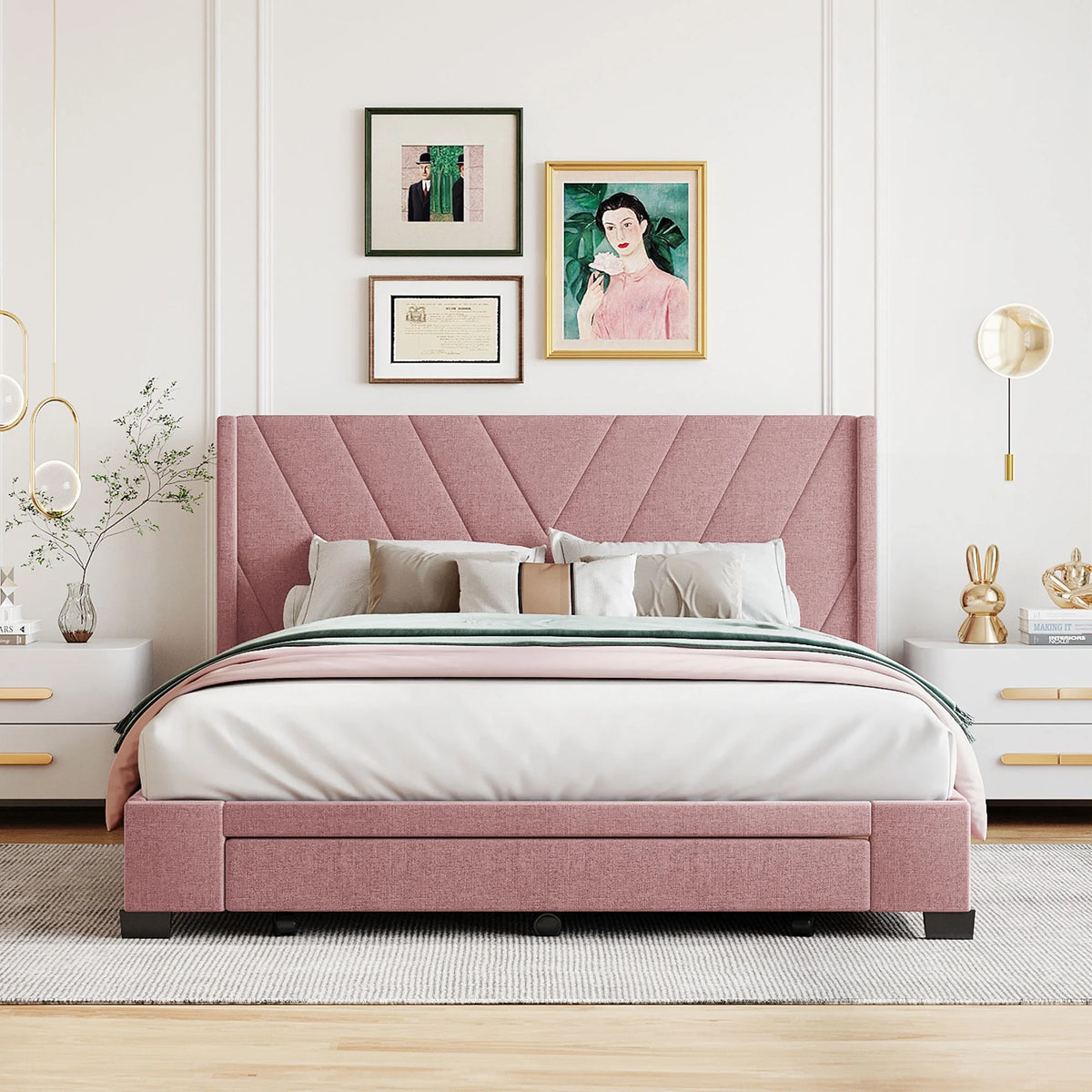 Queen Size Pink Linen Upholstered Platform Bed with 3 Storage Drawers K842