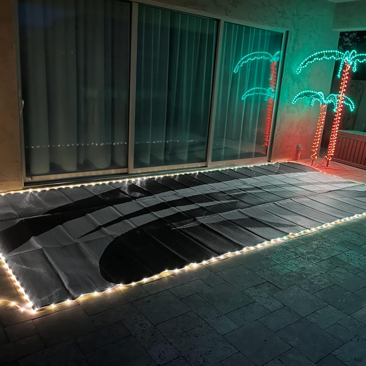 LED Illuminated Patio Mat 8-Feet x 18-Feet Black/White/Grey RV Camping Mat L77560