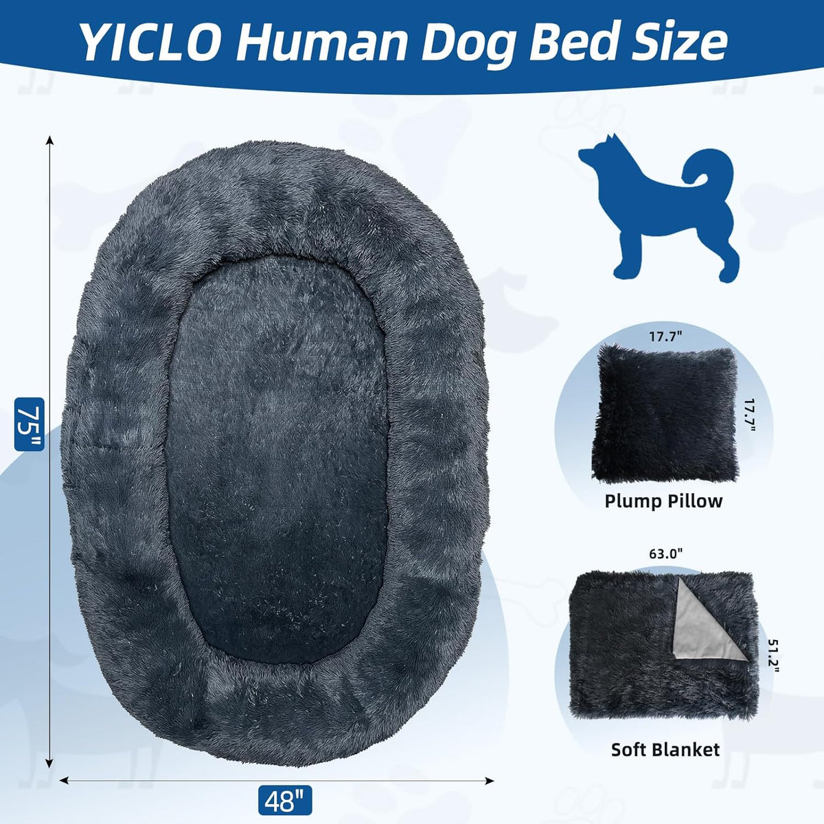 75"x48"x14" Dark Grey Faux Fur Human Size Dog Bed V742