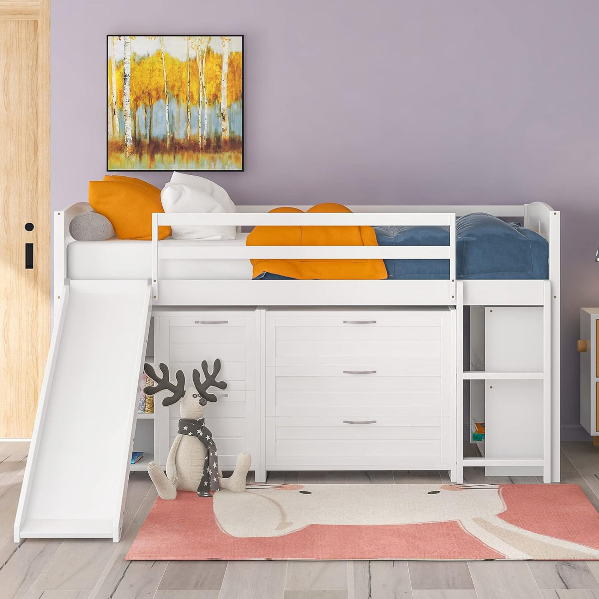 White Twin Low Loft Bed with Slide Storage Cabinets Drawers Shelves K87283