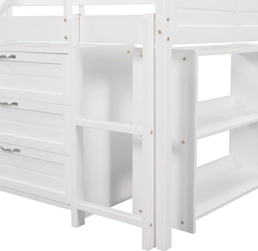 White Twin Low Loft Bed with Slide Storage Cabinets Drawers Shelves K87283