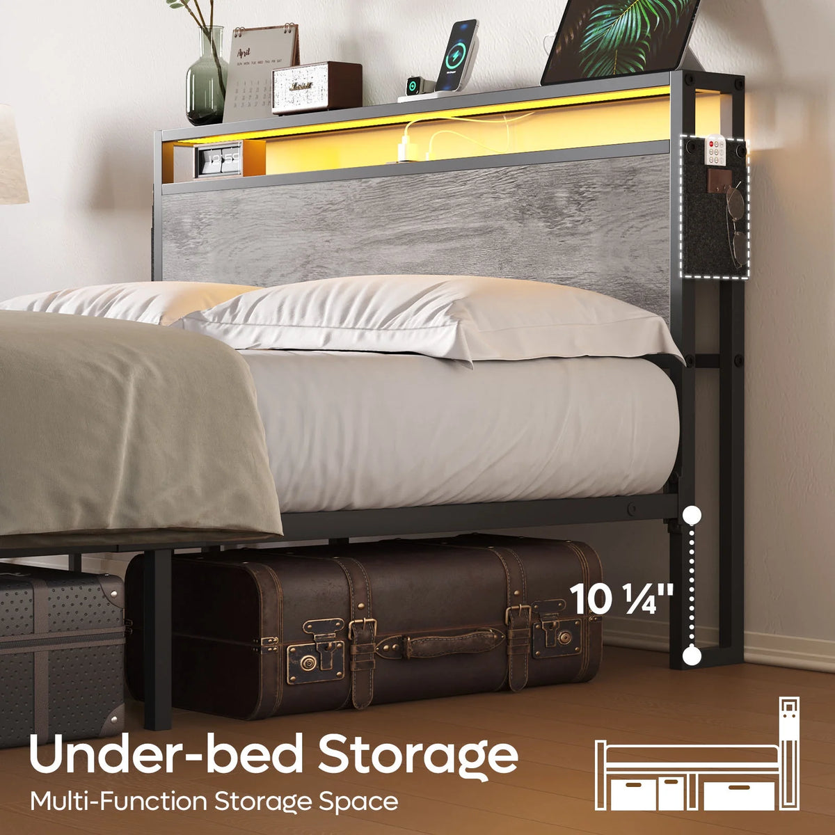 Queen Size Grey Platform Bed with Storage Headboard G95528