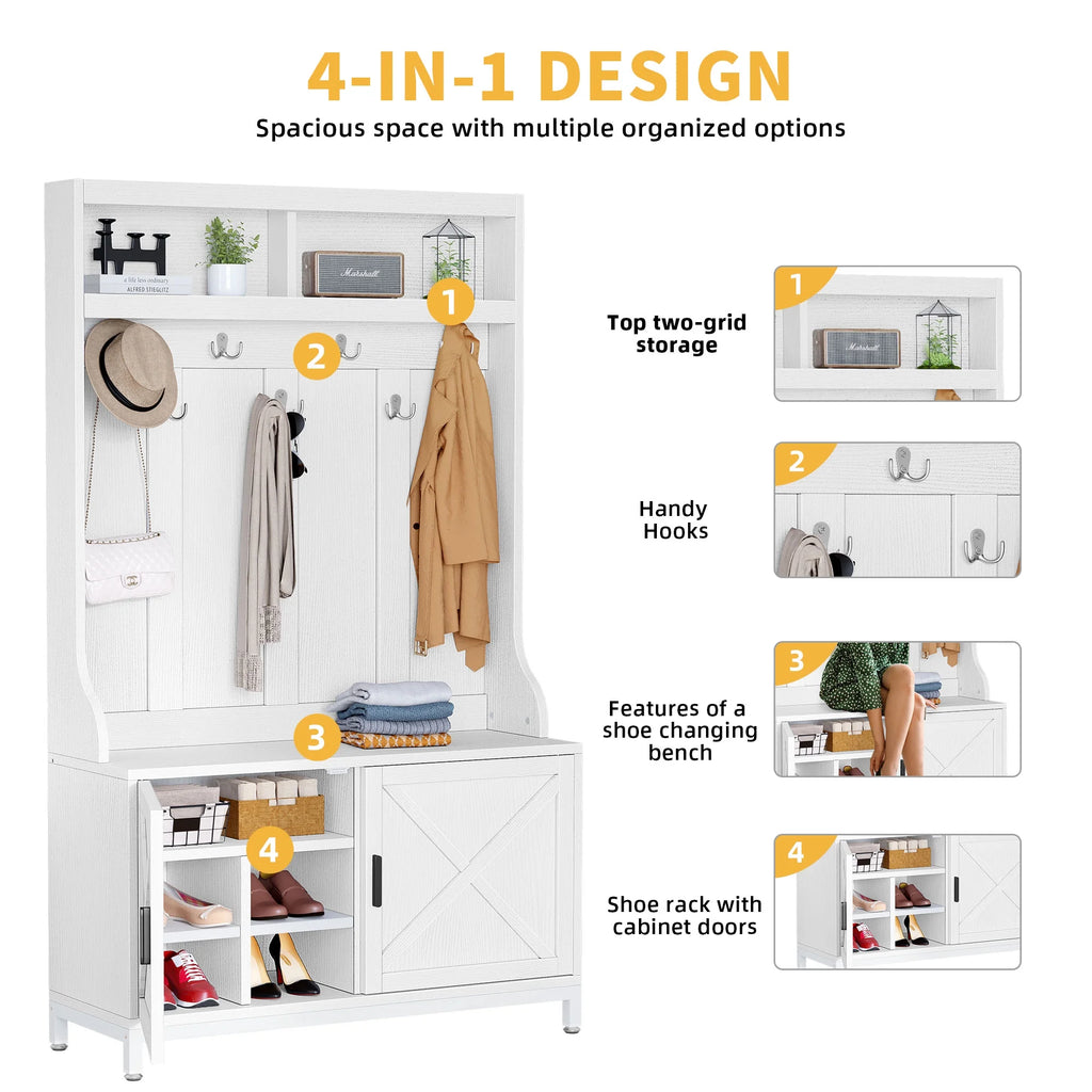 White Hall Tree with Storage Bench and 14 Hooks O156