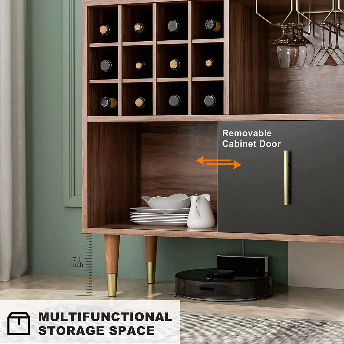 47 Inch Walnut Black Kitchen Sideboard Buffet Storage Cabinet with Wine Rack O22053