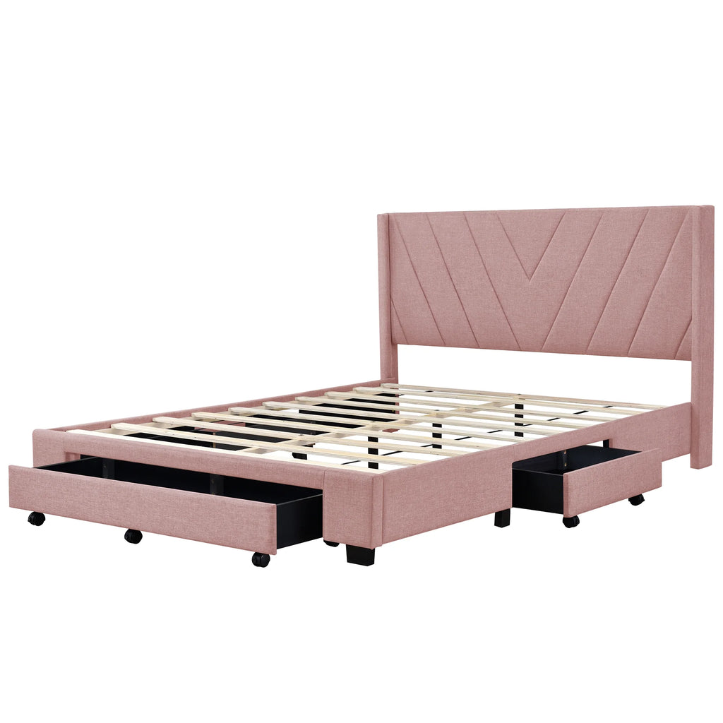 Queen Size Pink Linen Upholstered Platform Bed with 3 Storage Drawers K842
