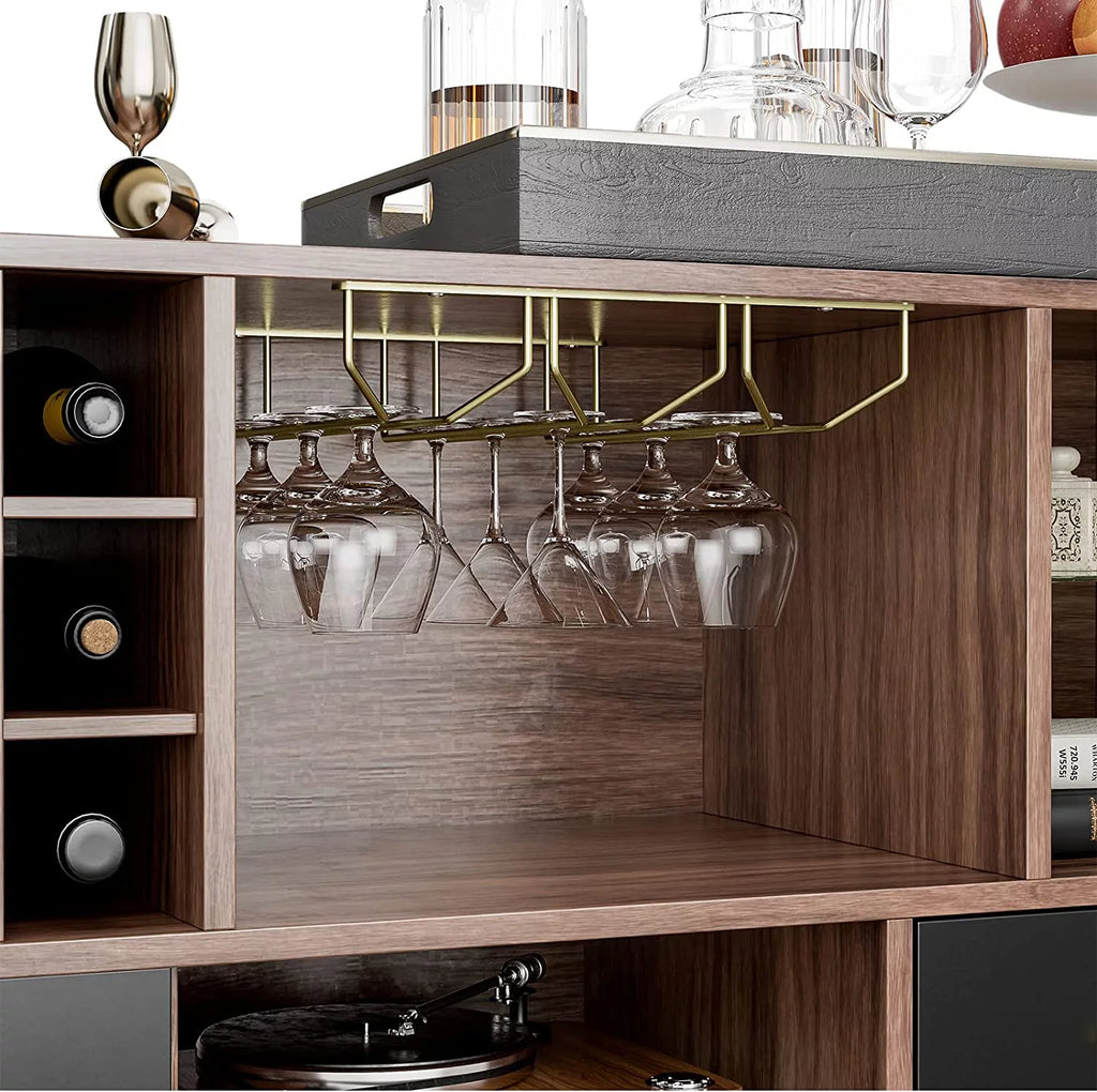 47 Inch Walnut Black Kitchen Sideboard Buffet Storage Cabinet with Wine Rack O22053