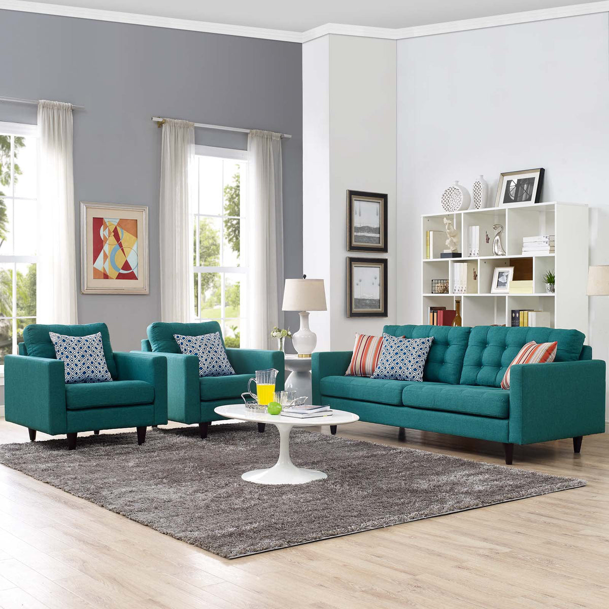 Fabric Aqua Blue Armchair and Sofa Set J956617