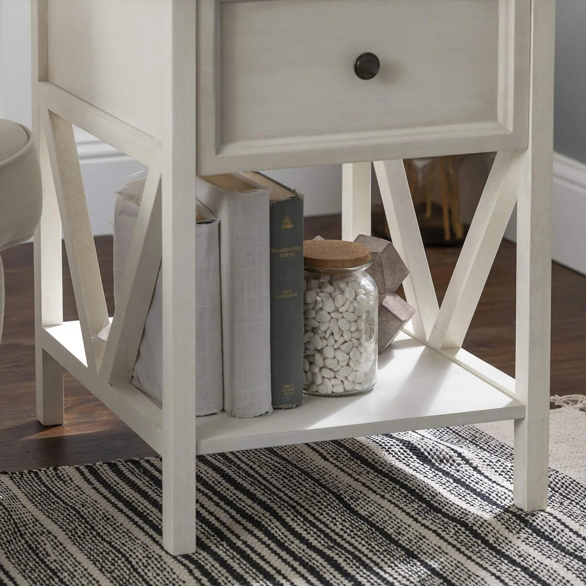 1 Drawer Wood Square Side Table, 19 Inch, Grey And White K26996