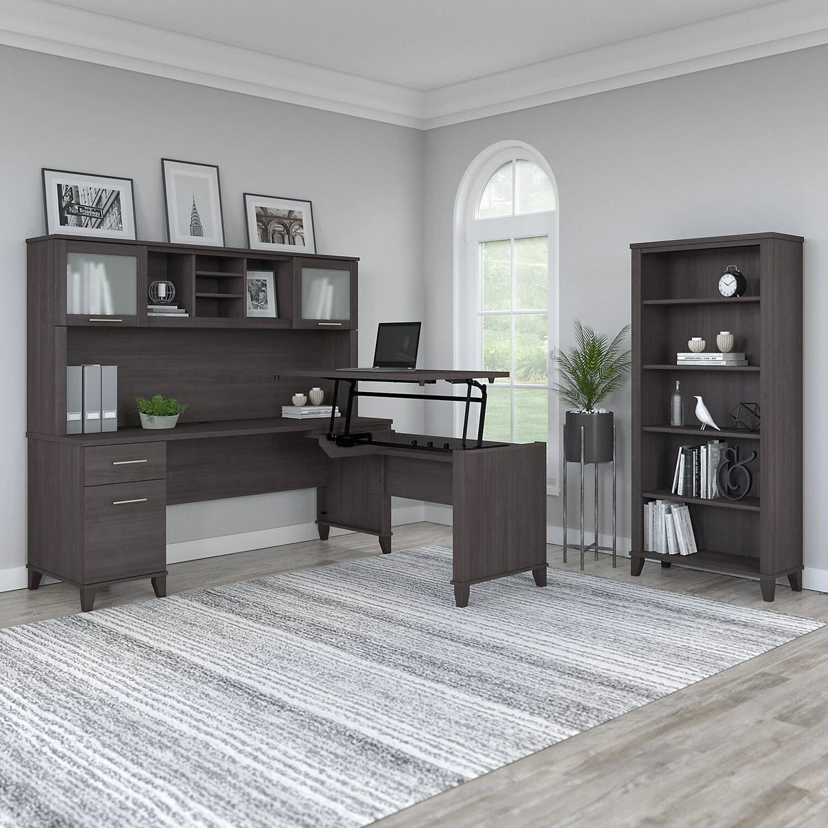 72W 3 Position Sit To Stand L Shaped Desk With Hutch And Bookcase Z623