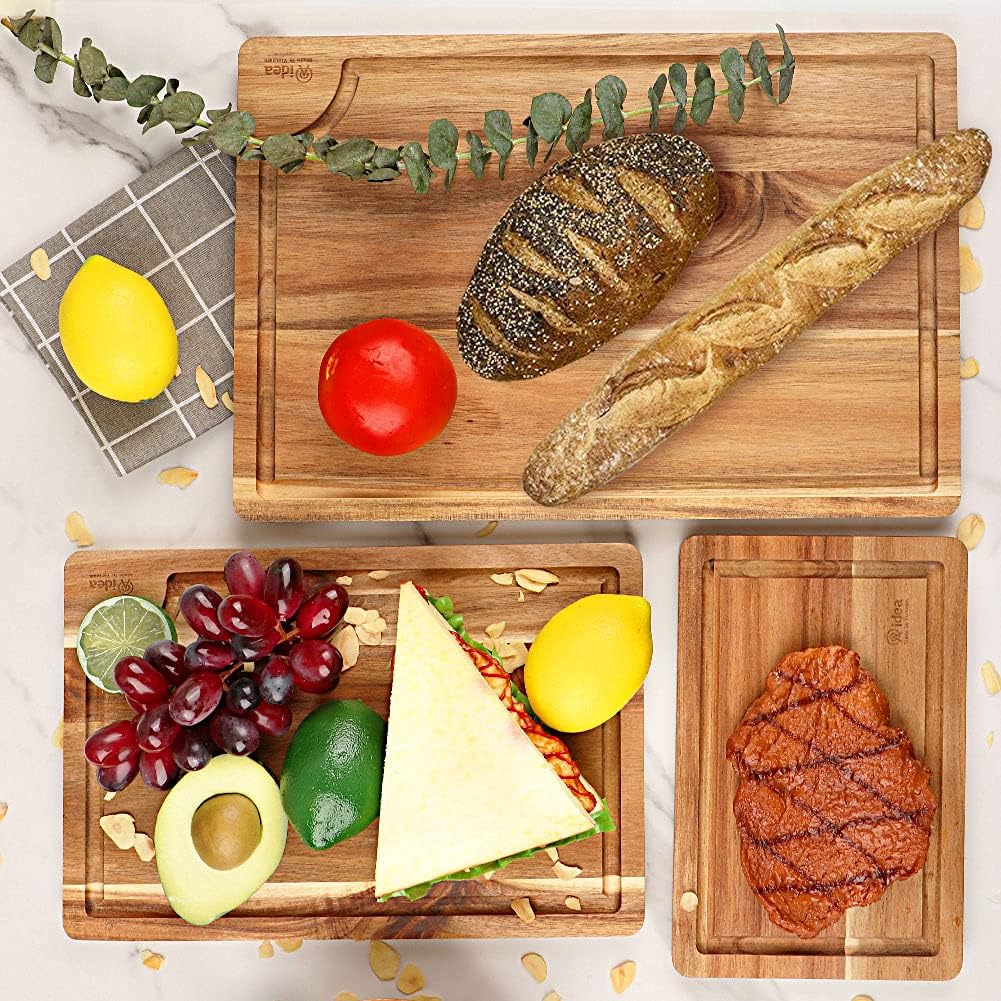 Acacia Wood Cutting Board Set with Juice Groove, 3 Pieces W9566