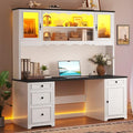 White & Black Executive Desk with Hutch and Drawers, Power Outlet & LED Lights, Storage Shelves, Storage Cabinet with Glass Door X623654