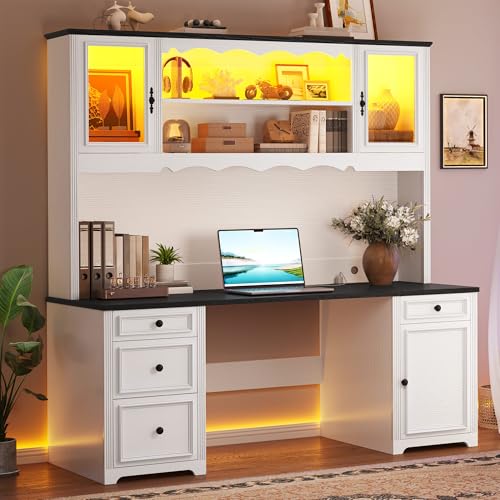 White & Black Executive Desk with Hutch and Drawers, Power Outlet & LED Lights, Storage Shelves, Storage Cabinet with Glass Door X623654